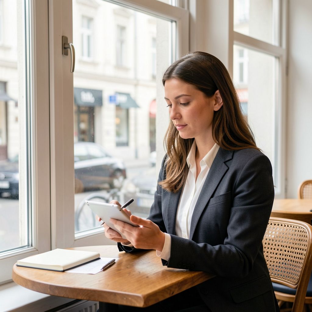 Analystin mit Notizbuch und Tablet an einem hellen Berliner Caféfenster bei der Auswertung von Medienbeobachtungen