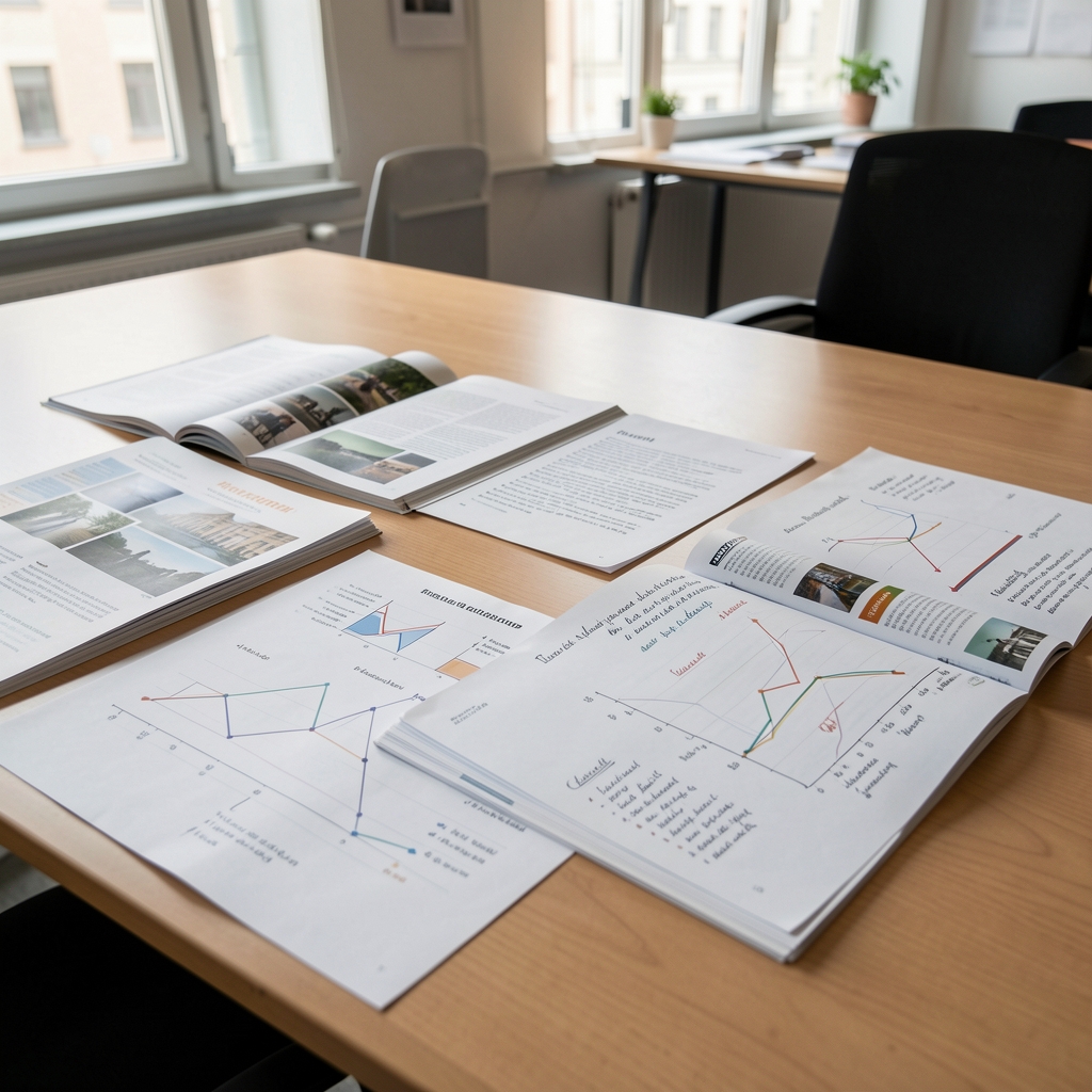 Redaktioneller Arbeitstisch in Berlin mit ausgebreiteten Magazinen, Diagrammen und handschriftlichen Notizen