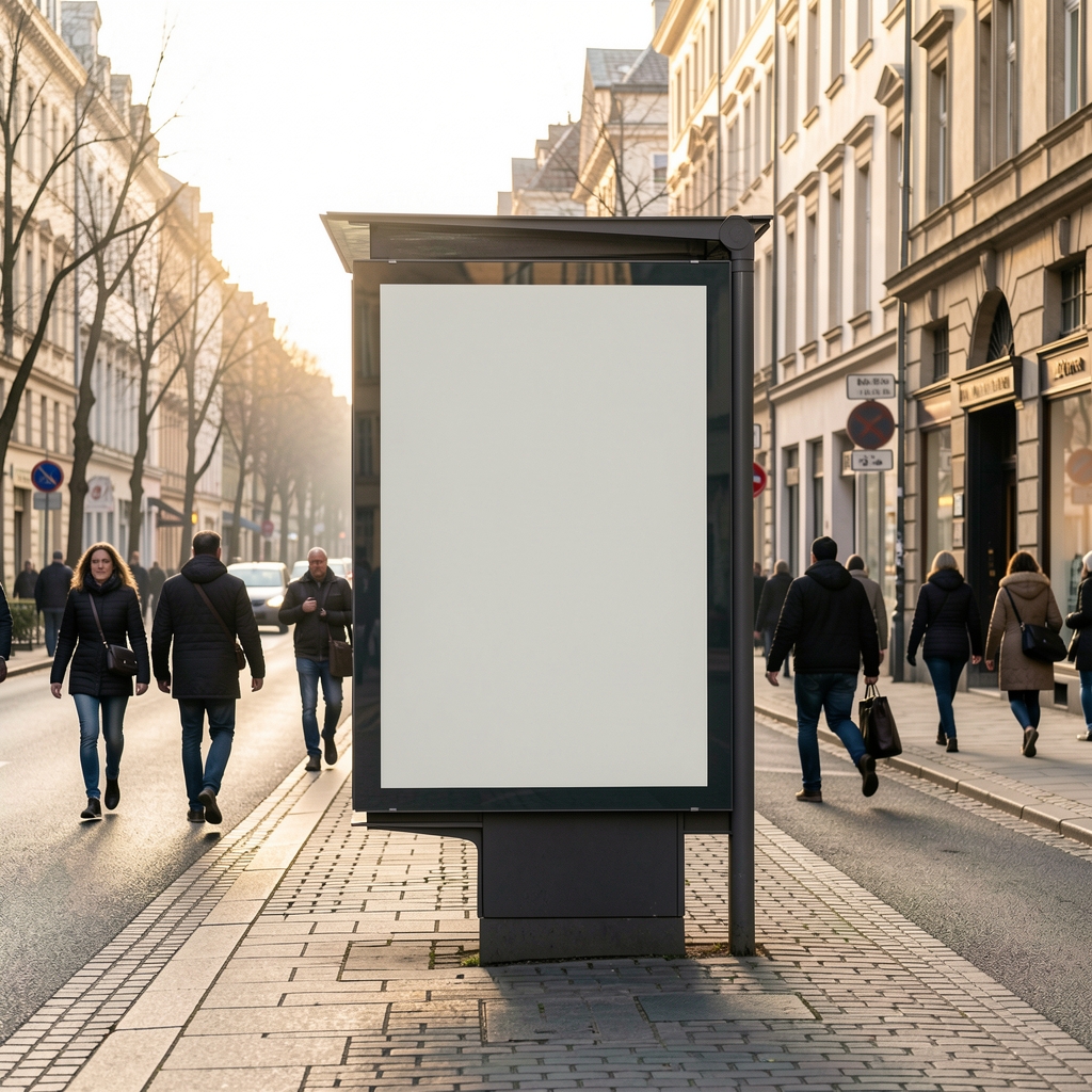 Ruhige Berliner Straßenszene mit einer sachlichen Plakatfläche und vorbeigehenden Passanten am Morgen