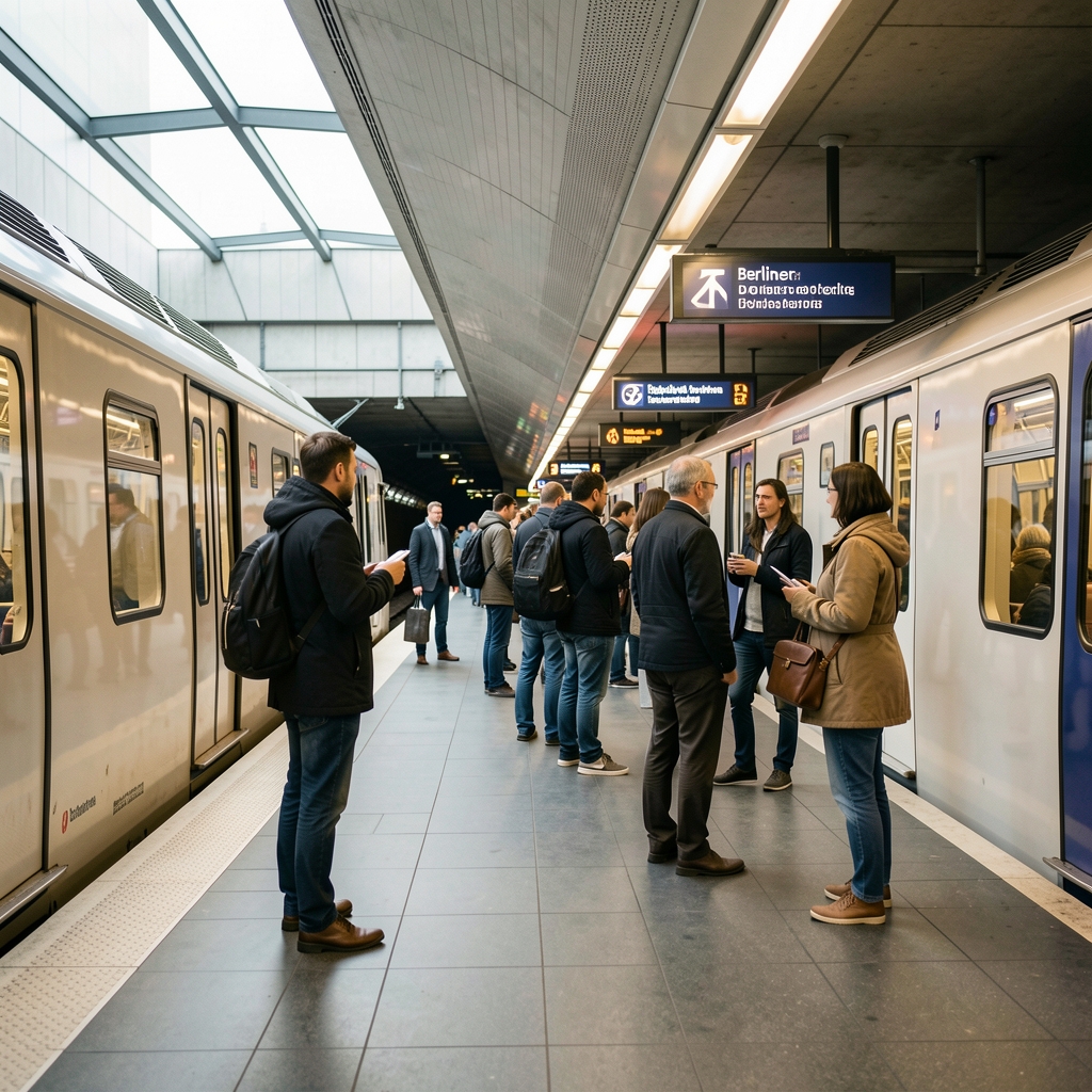 Digitale Anzeige an einer Berliner U-Bahn-Station neben wartenden Menschen in ruhiger Alltagsszene