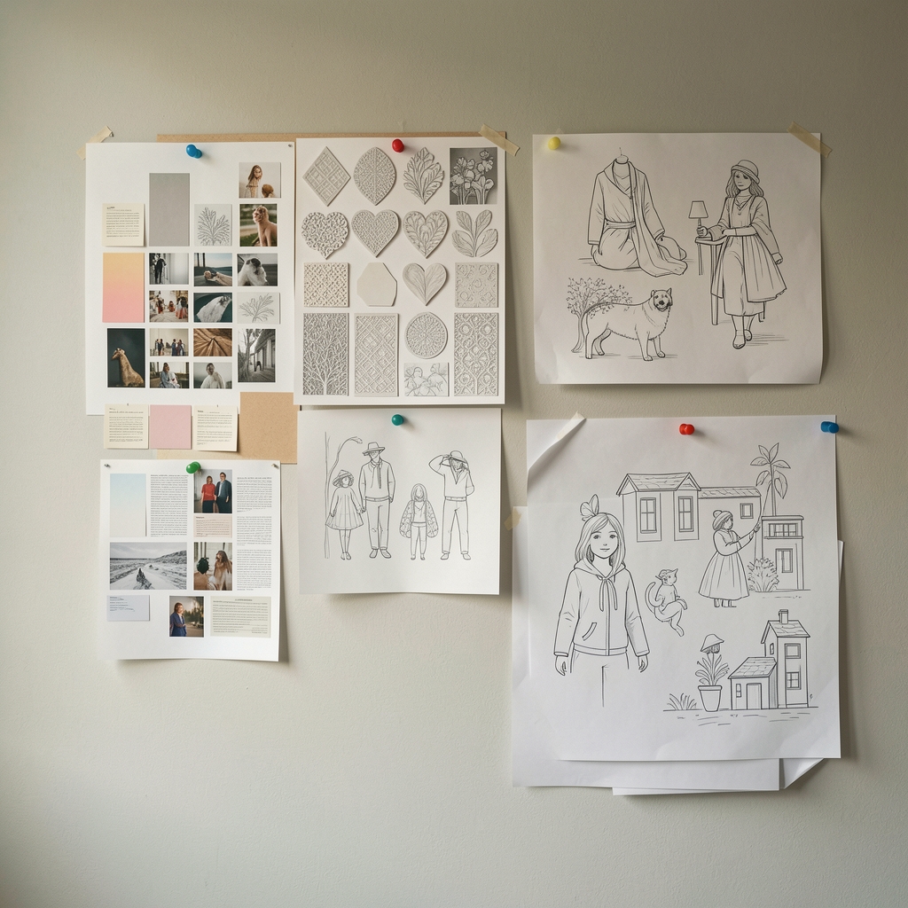 Helles Kreativstudio mit Moodboards, Papiermustern und Zeichnungen an einer Wand