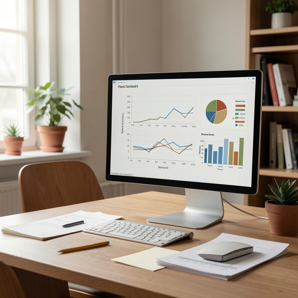Monitor mit neutraler Datenvisualisierung neben Papiernotizen und Bleistift in einem ruhigen Arbeitszimmer