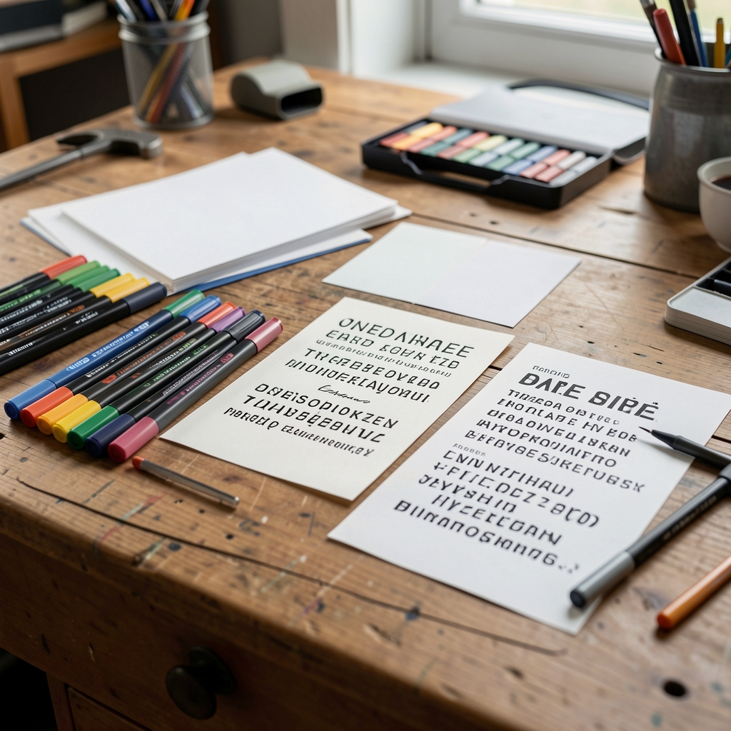 Handgezeichnete Kampagnenideen, Farbstifte und typografische Proben auf einem Arbeitstisch