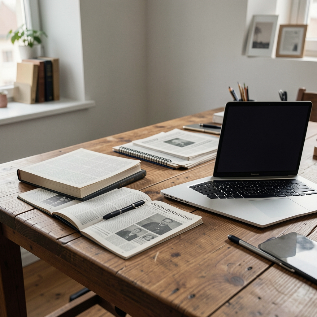 Helles Berliner Redaktionsstudio mit Notizbüchern, Zeitungsausschnitten und Laptop auf einem Holztisch
