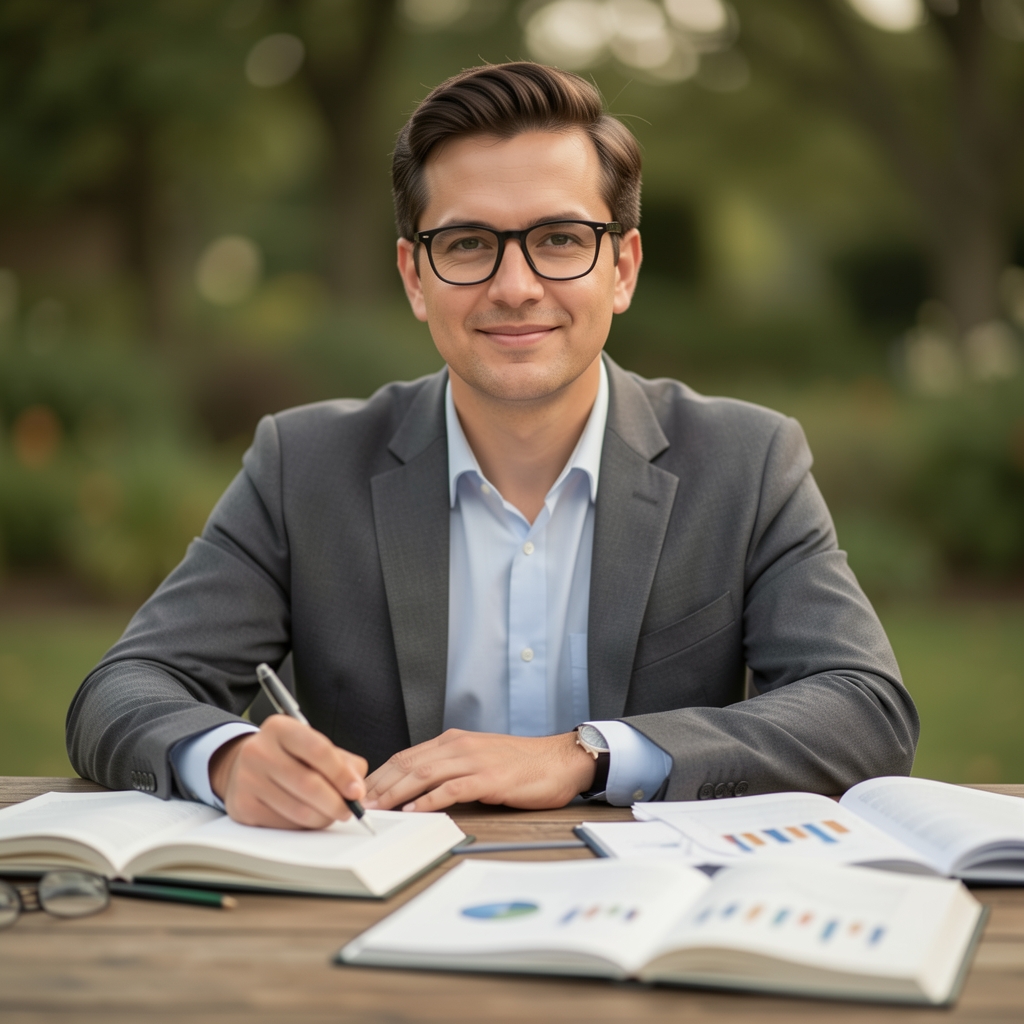 Marketingforscher mit Brille an einem Holztisch, umgeben von aufgeschlagenen Studien und Diagrammen
