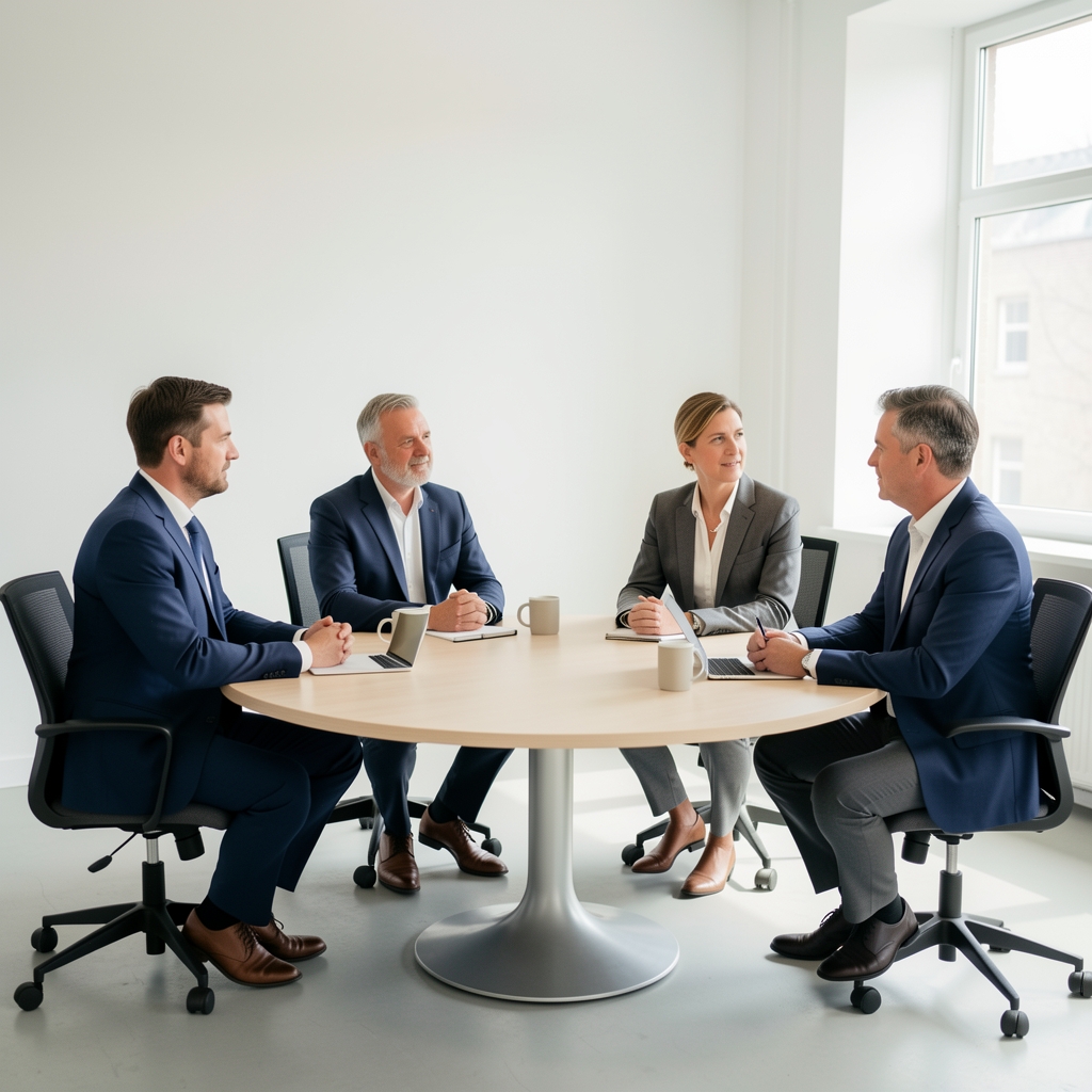 Kleine Gesprächsrunde mit vier Fachleuten an einem runden Tisch in einem hellen Studio