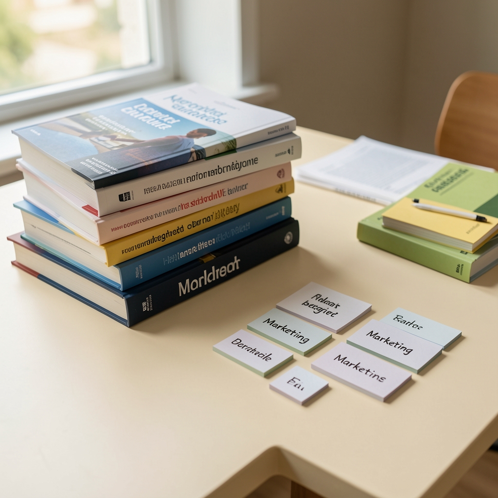 Geordnete Fachbücher und Karteikarten mit Marketingbegriffen auf einem cremefarbenen Lesetisch
