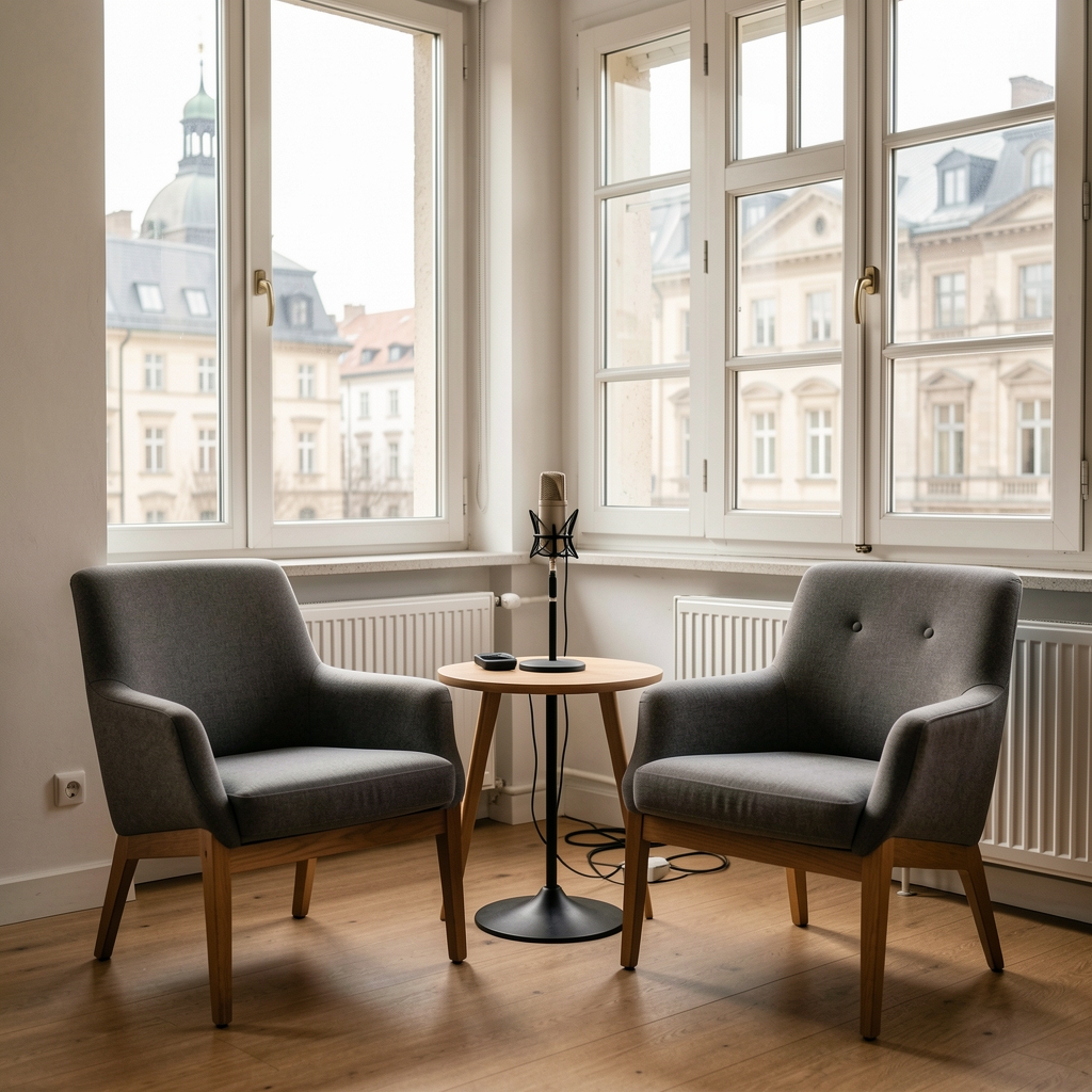 Ruhiger Interviewraum in Berlin mit zwei Sesseln, Mikrofon und Tageslicht am Fenster