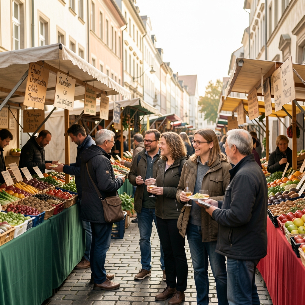 Ruhiger Berliner Wochenmarkt mit handgeschriebenen Schildern und Menschen im Gespräch als Beispiel für alltägliche Markenbeobachtung