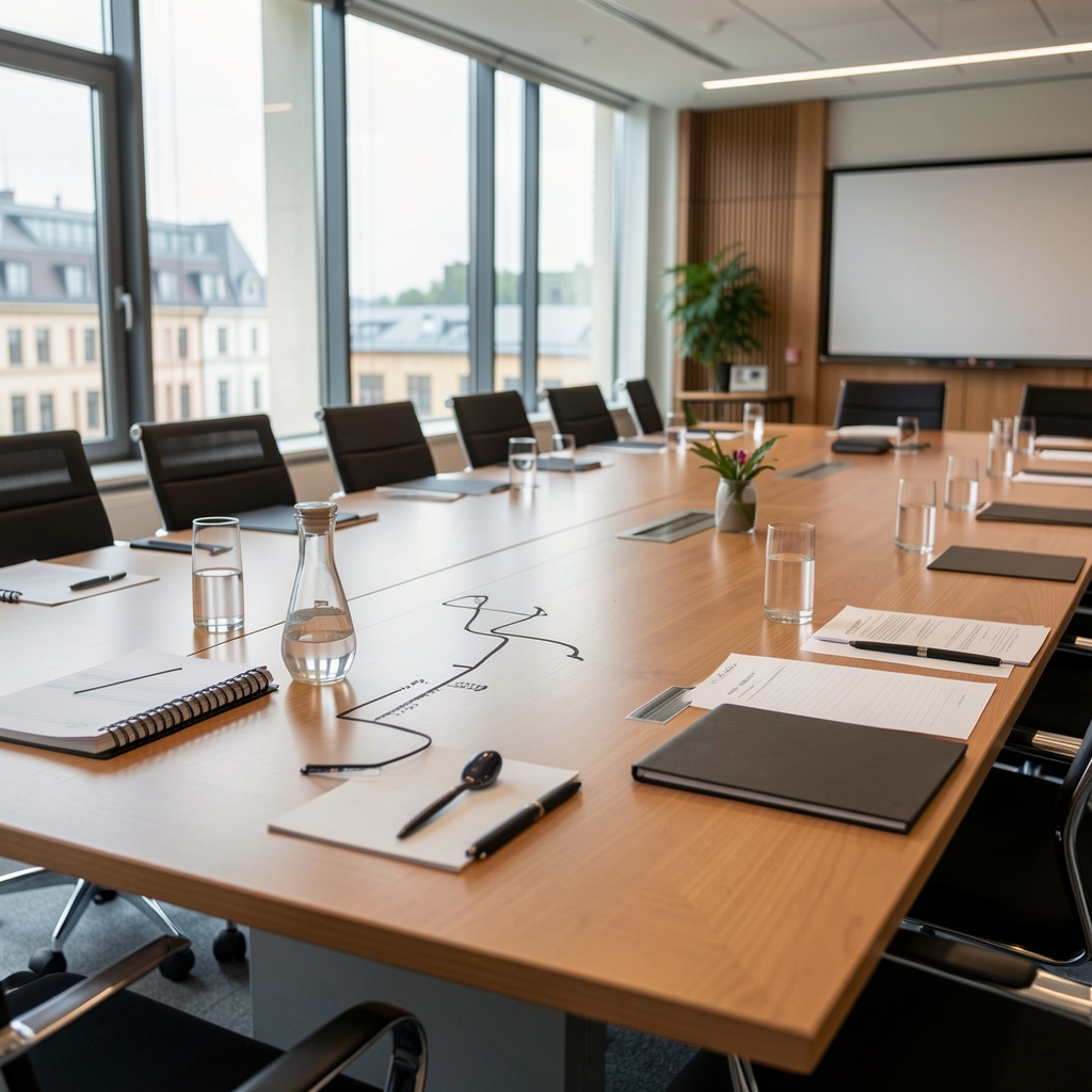 Gedruckte Diagramme mit markierten Zeitreihen auf einem Konferenztisch in Berlin