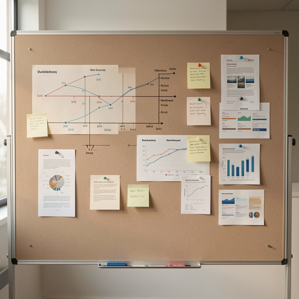 Arbeitswand mit Zeitachsen, neutralen Karten und Notizen zur Entwicklung eines Marketingtrends